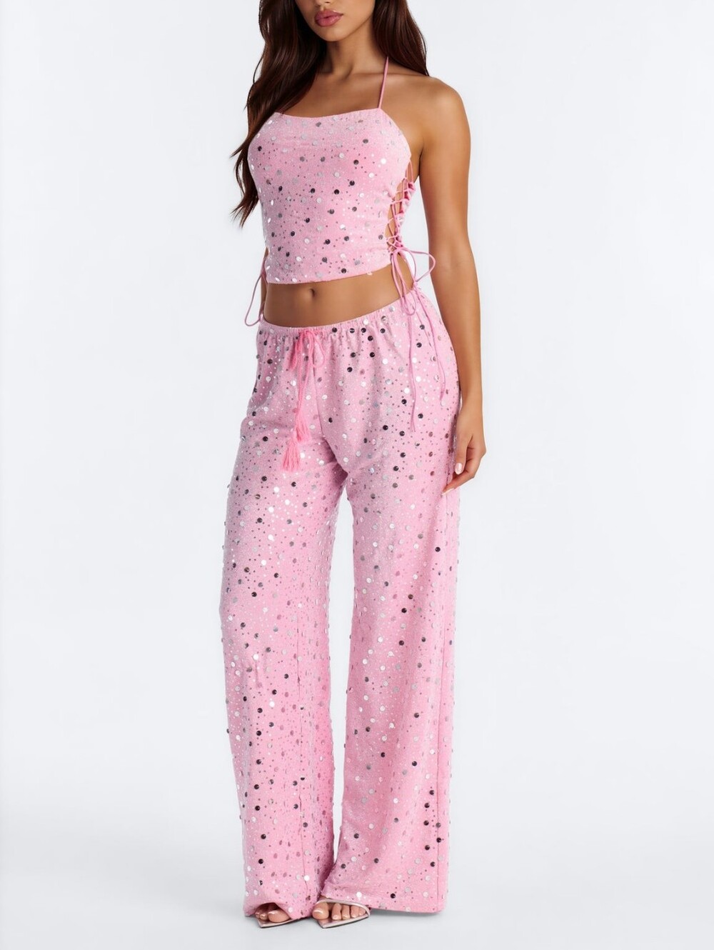 Pink women's two-piece set consisting of a cropped top and loose pants